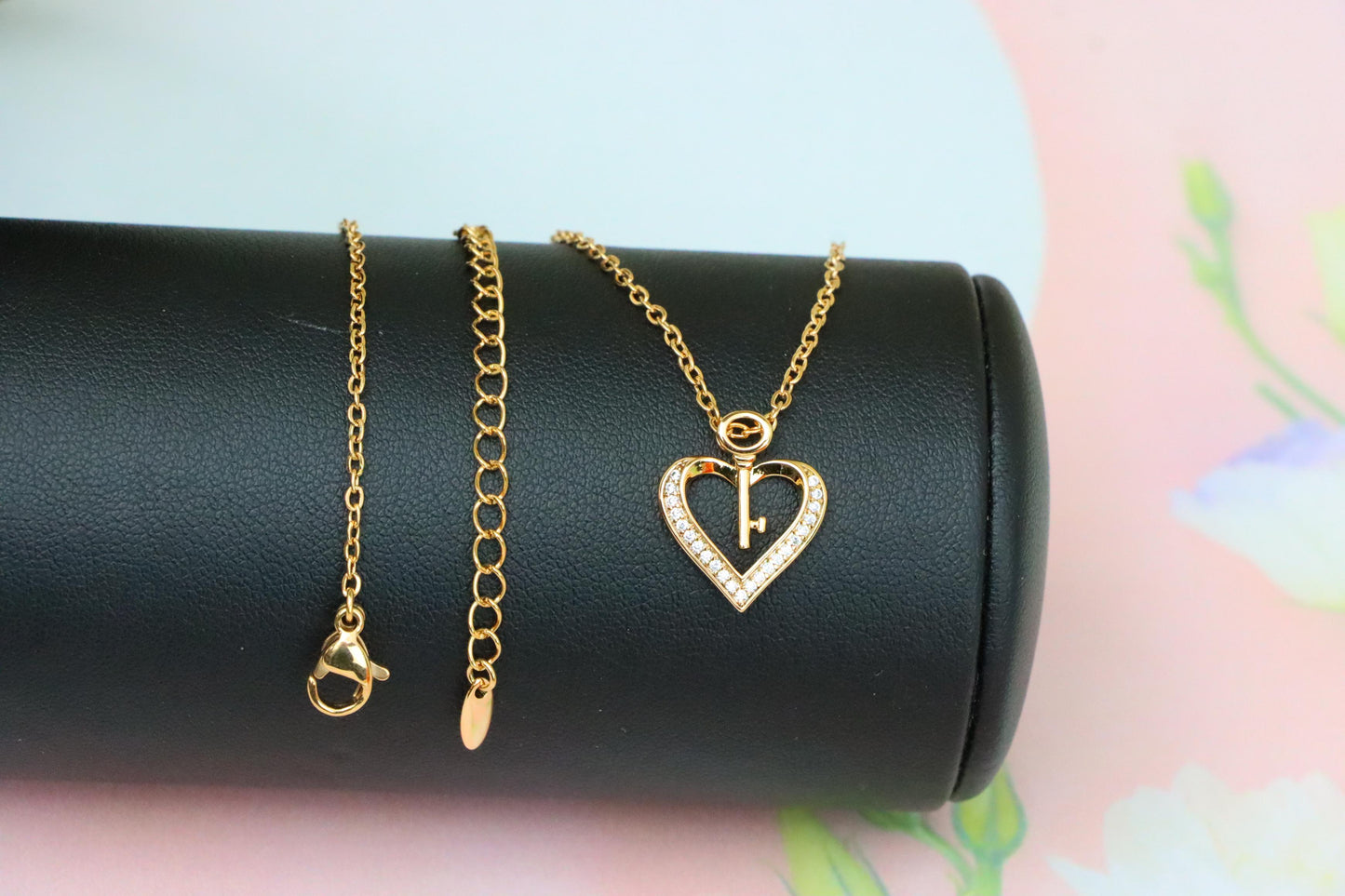 Rose Gold Heart Necklace with Key Charm and Crystal Accents, XPNL1882 (2159-5)