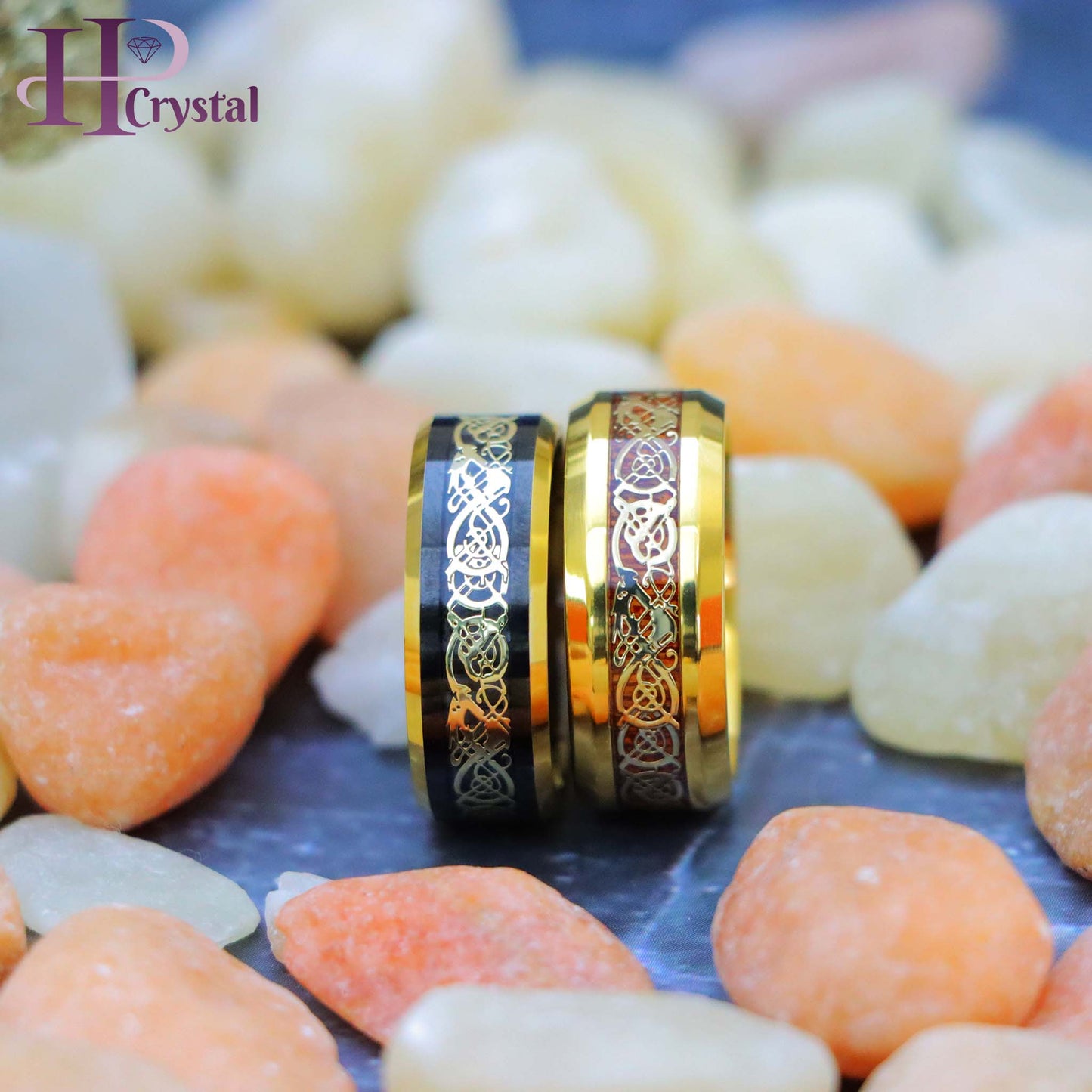 Yellow Gold IP Plated Titanium Ring with Yellow Gold IP Celtic Design Over Rosewood Inlay, Black & Yellow Gold IP Plated Celtic Inlay Tungsten Ring
