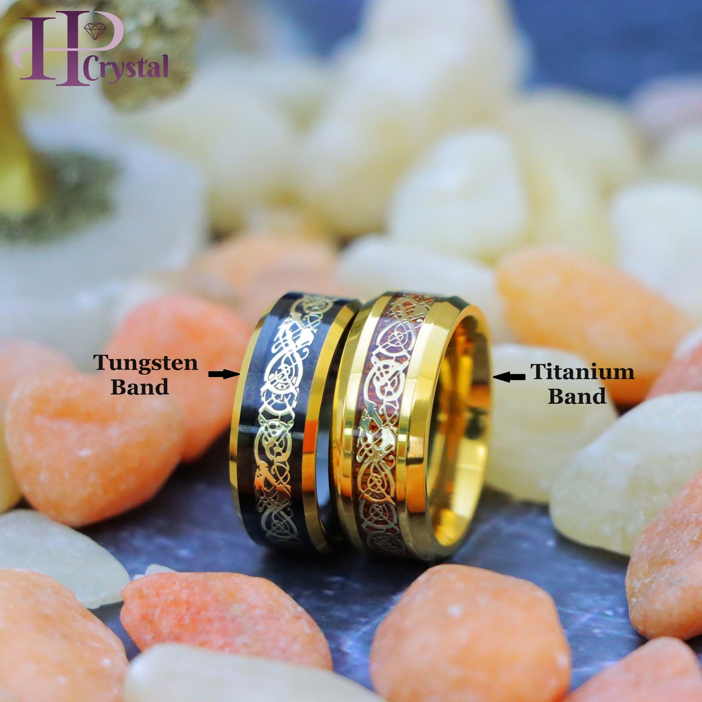 Yellow Gold IP Plated Titanium Ring with Yellow Gold IP Celtic Design Over Rosewood Inlay, Black & Yellow Gold IP Plated Celtic Inlay Tungsten Ring