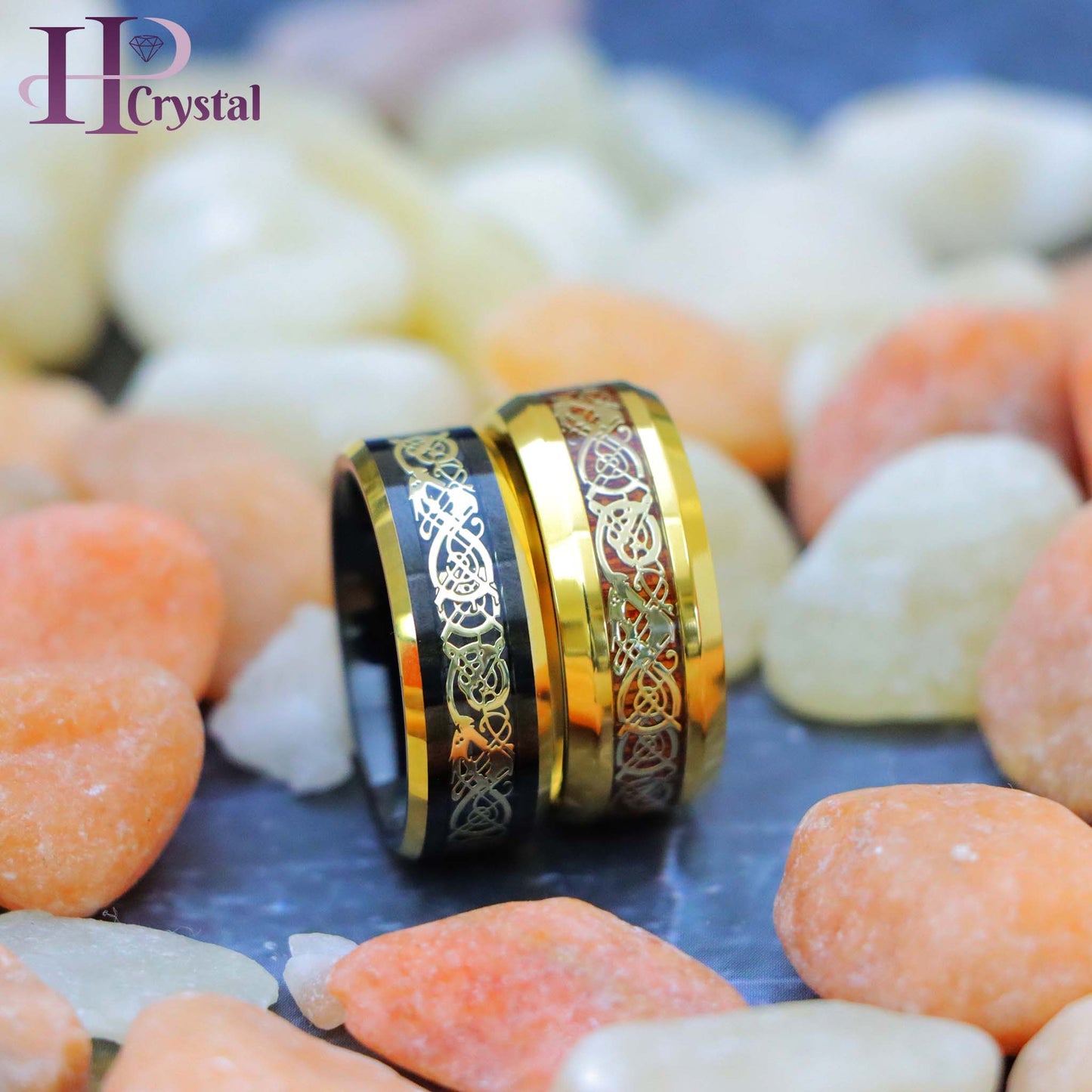 Yellow Gold IP Plated Titanium Ring with Yellow Gold IP Celtic Design Over Rosewood Inlay, Black & Yellow Gold IP Plated Celtic Inlay Tungsten Ring