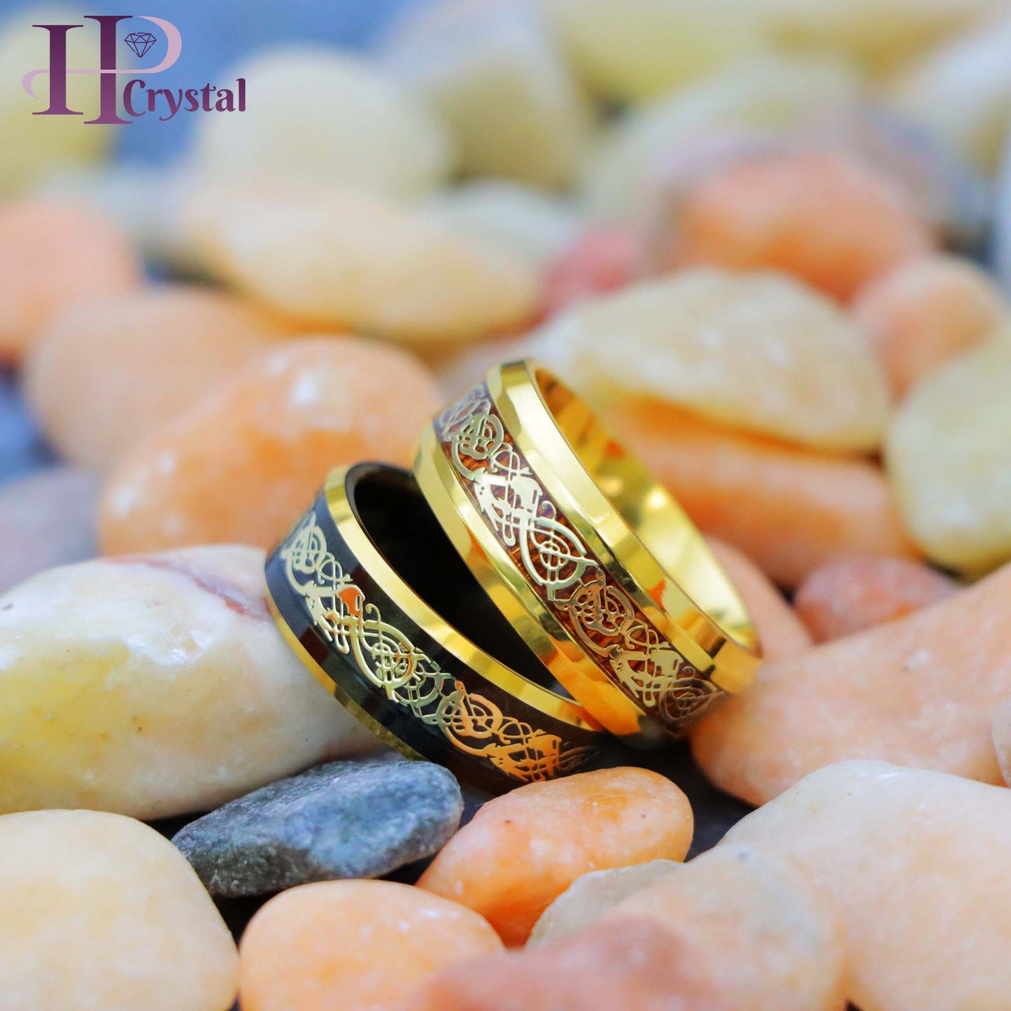 Yellow Gold IP Plated Titanium Ring with Yellow Gold IP Celtic Design Over Rosewood Inlay, Black & Yellow Gold IP Plated Celtic Inlay Tungsten Ring