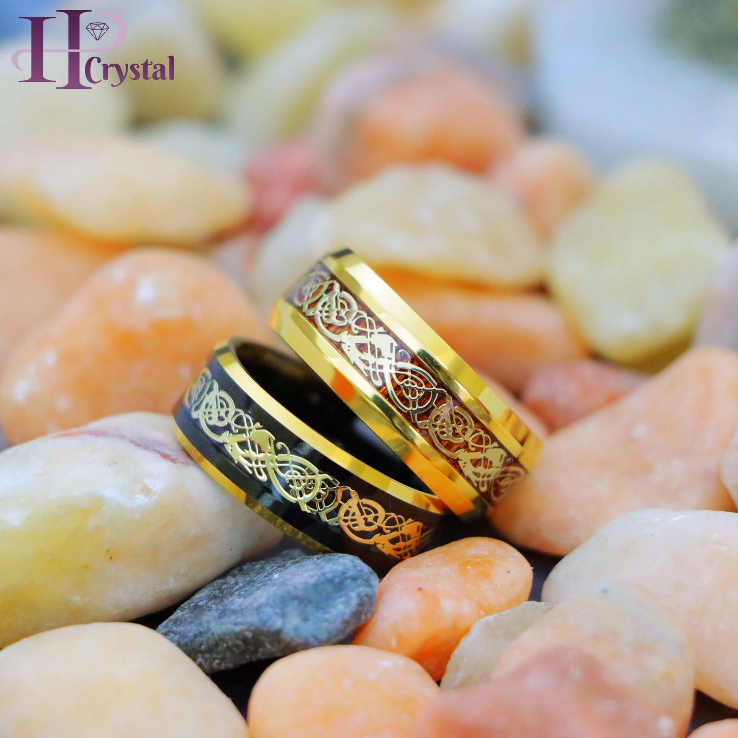 Yellow Gold IP Plated Titanium Ring with Yellow Gold IP Celtic Design Over Rosewood Inlay, Black & Yellow Gold IP Plated Celtic Inlay Tungsten Ring