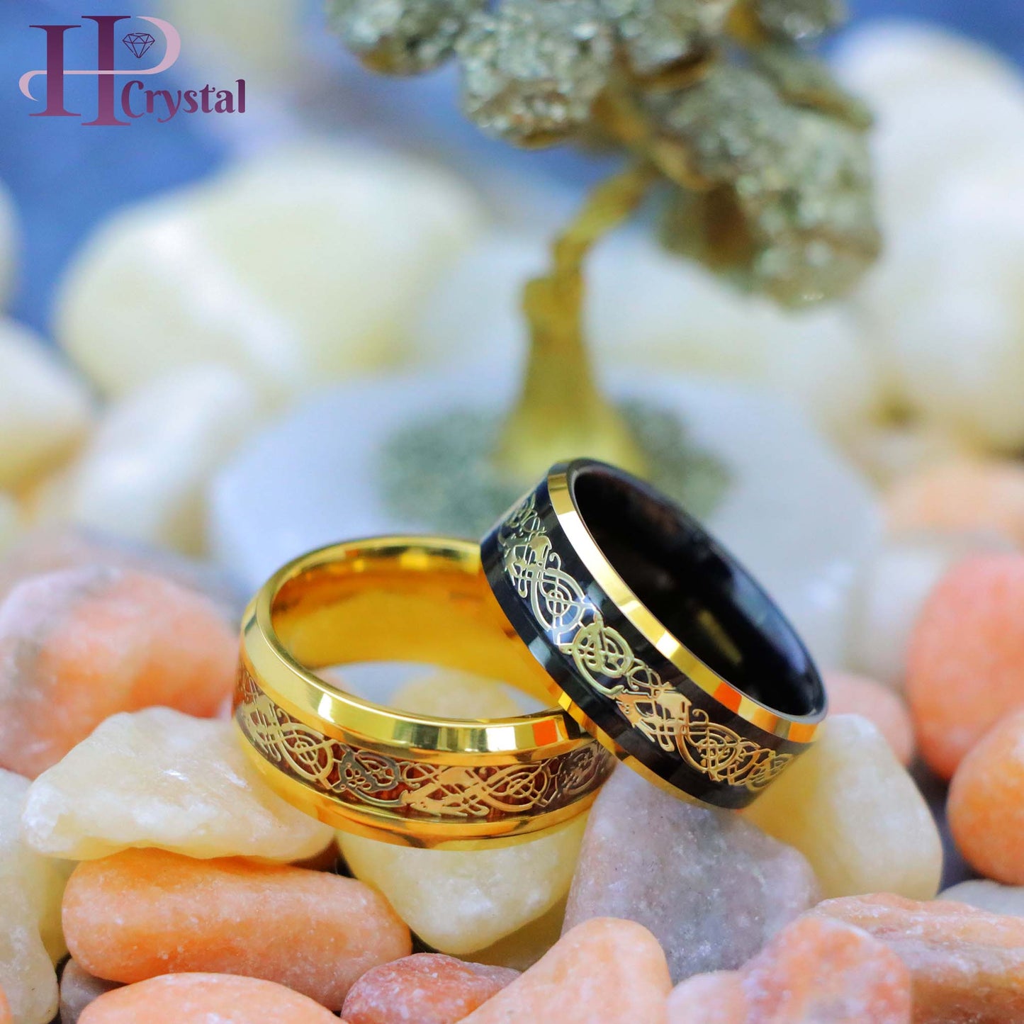 Yellow Gold IP Plated Titanium Ring with Yellow Gold IP Celtic Design Over Rosewood Inlay, Black & Yellow Gold IP Plated Celtic Inlay Tungsten Ring