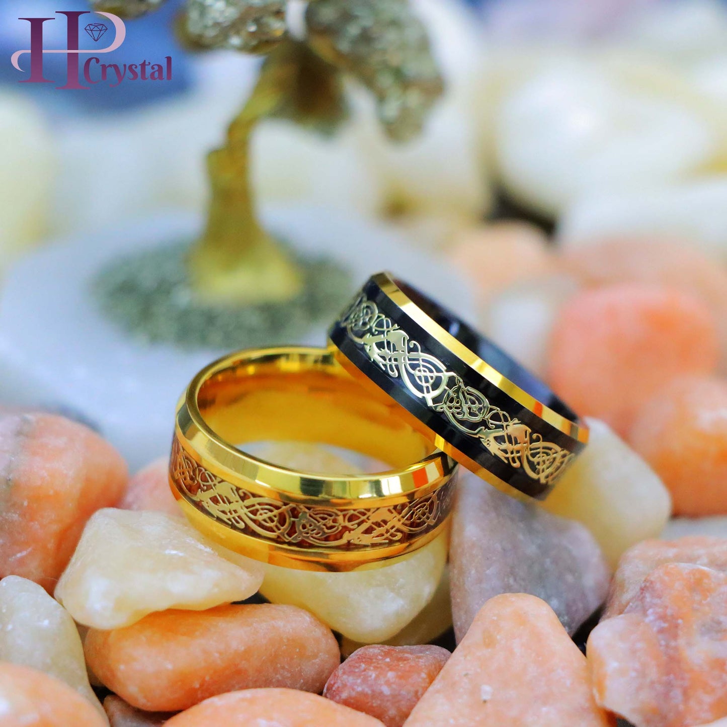 Yellow Gold IP Plated Titanium Ring with Yellow Gold IP Celtic Design Over Rosewood Inlay, Black & Yellow Gold IP Plated Celtic Inlay Tungsten Ring