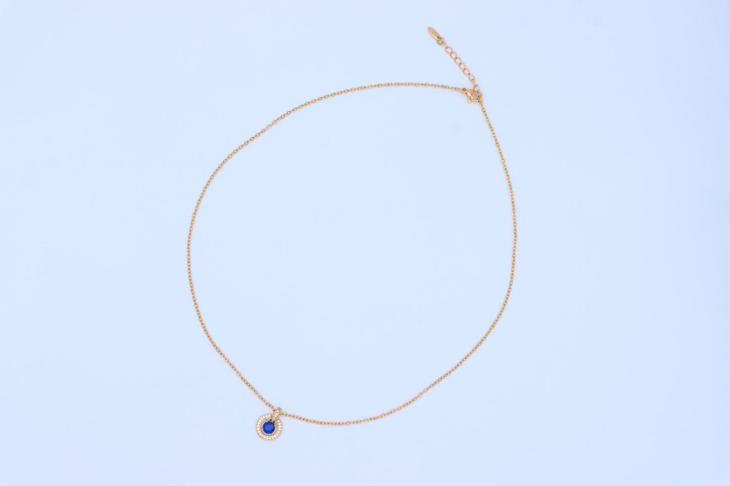 Rose Gold Necklace with Blue Center Stone and Crystal Halo Pendant, XPNL1884 (2159-7)