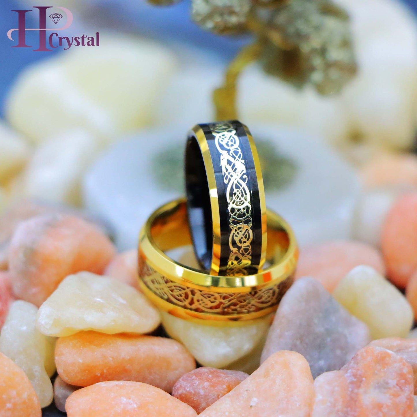 Yellow Gold IP Plated Titanium Ring with Yellow Gold IP Celtic Design Over Rosewood Inlay, Black & Yellow Gold IP Plated Celtic Inlay Tungsten Ring