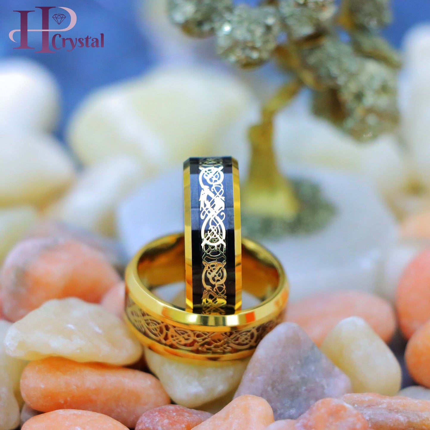 Yellow Gold IP Plated Titanium Ring with Yellow Gold IP Celtic Design Over Rosewood Inlay, Black & Yellow Gold IP Plated Celtic Inlay Tungsten Ring