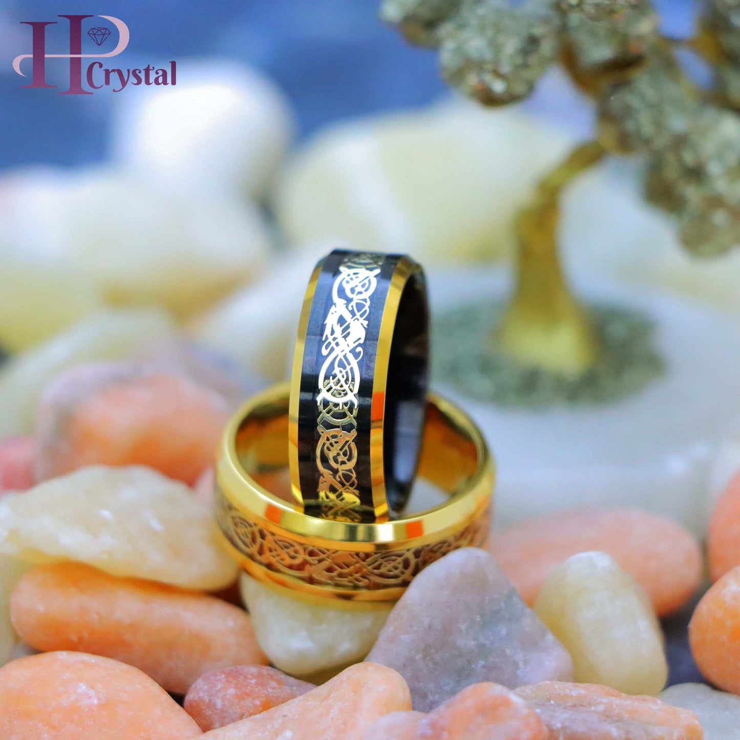 Yellow Gold IP Plated Titanium Ring with Yellow Gold IP Celtic Design Over Rosewood Inlay, Black & Yellow Gold IP Plated Celtic Inlay Tungsten Ring