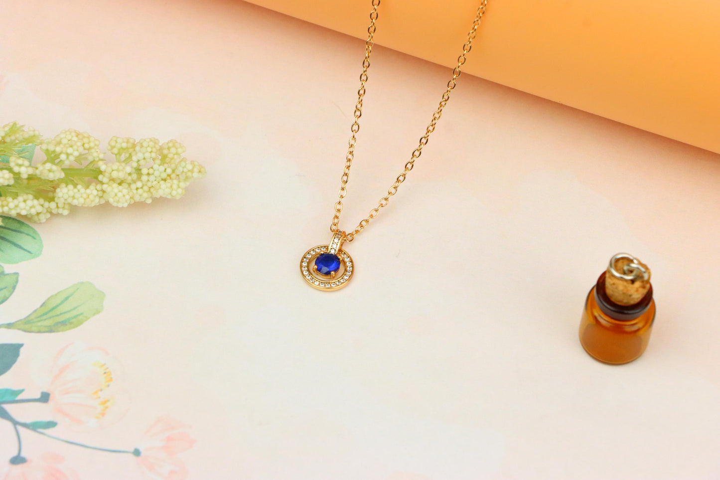 Rose Gold Necklace with Blue Center Stone and Crystal Halo Pendant, XPNL1884 (2159-7)