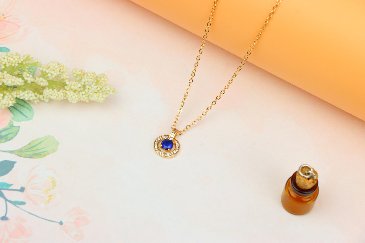 Rose Gold Necklace with Blue Center Stone and Crystal Halo Pendant, XPNL1884 (2159-7)
