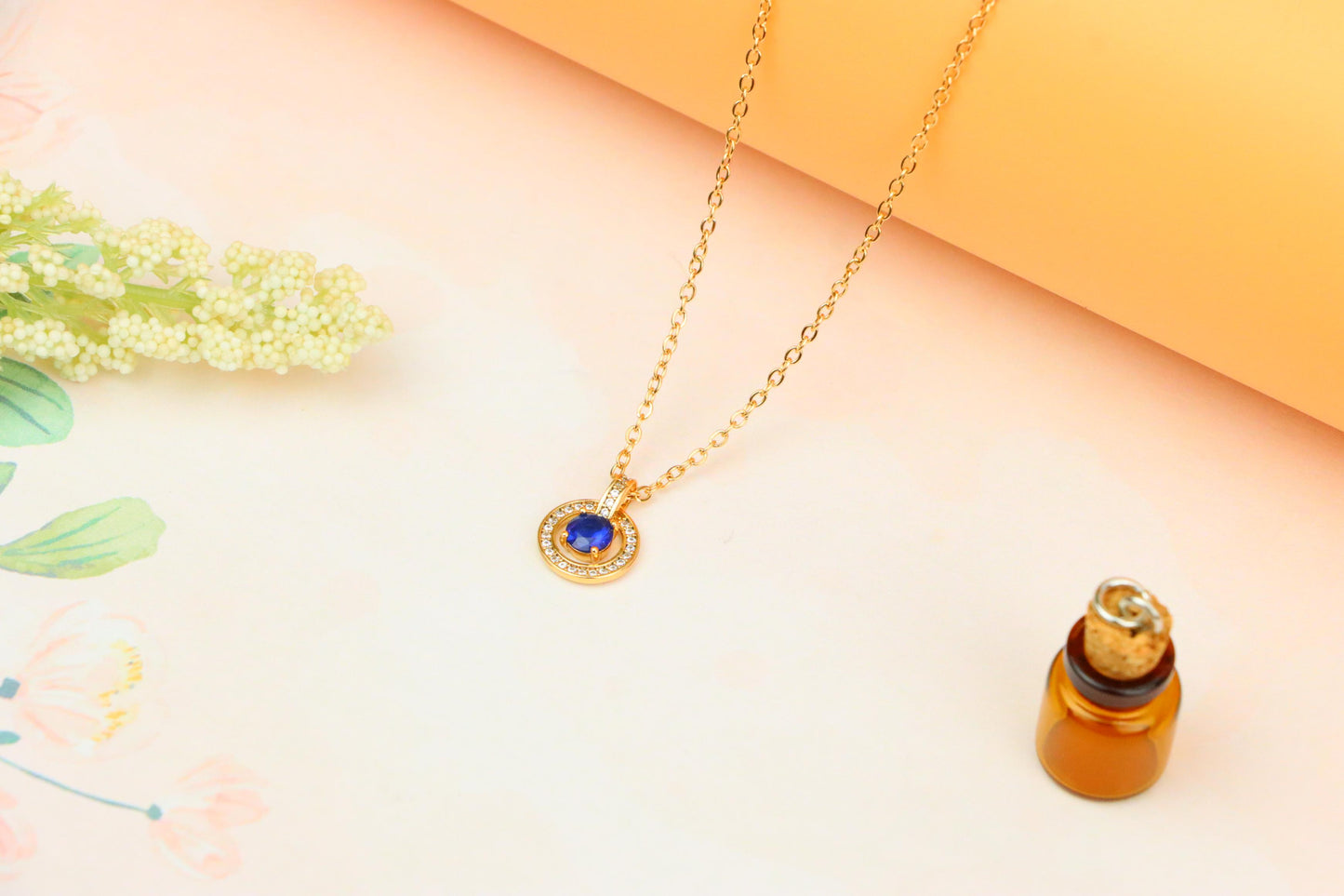 Rose Gold Necklace with Blue Center Stone and Crystal Halo Pendant, XPNL1884 (2159-7)