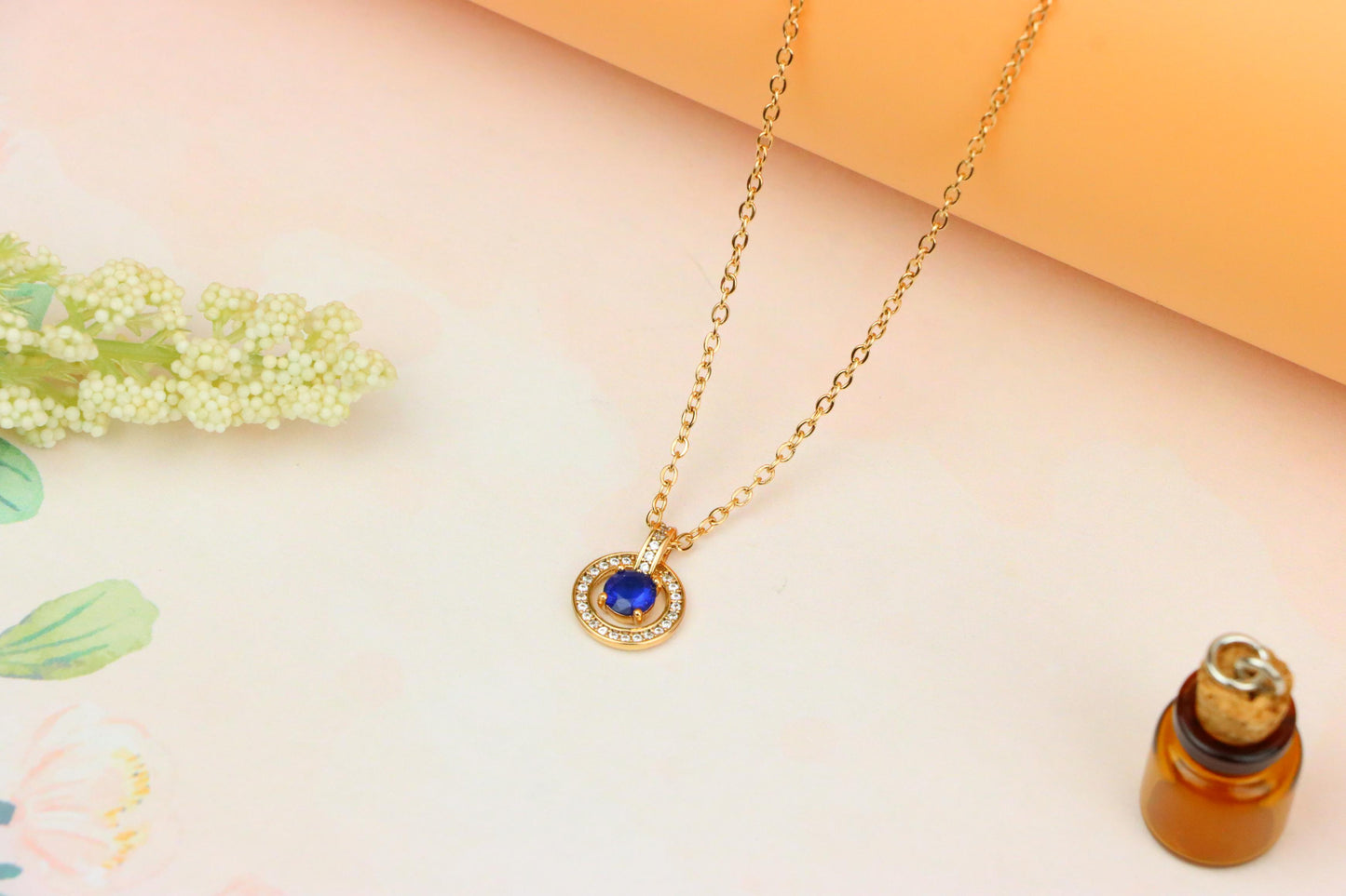 Rose Gold Necklace with Blue Center Stone and Crystal Halo Pendant, XPNL1884 (2159-7)