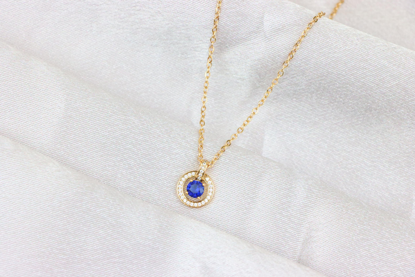 Rose Gold Necklace with Blue Center Stone and Crystal Halo Pendant, XPNL1884 (2159-7)