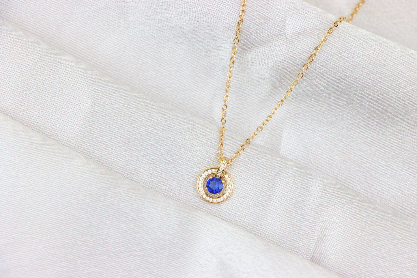 Rose Gold Necklace with Blue Center Stone and Crystal Halo Pendant, XPNL1884 (2159-7)