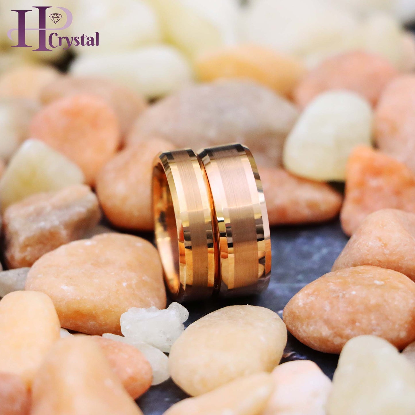Rose Gold IP Plated Brushed Center High Polish Beveled Edge Tungsten Ring