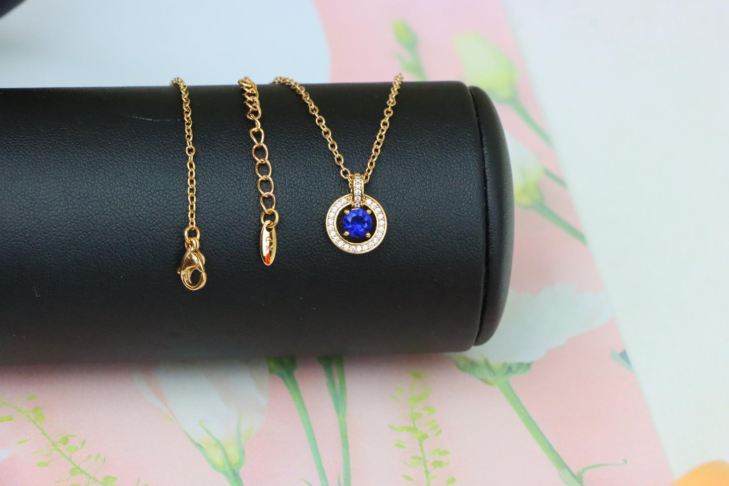 Rose Gold Necklace with Blue Center Stone and Crystal Halo Pendant, XPNL1884 (2159-7)