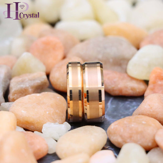 Rose Gold IP Plated Brushed Center High Polish Beveled Edge Tungsten Ring (MARET812)