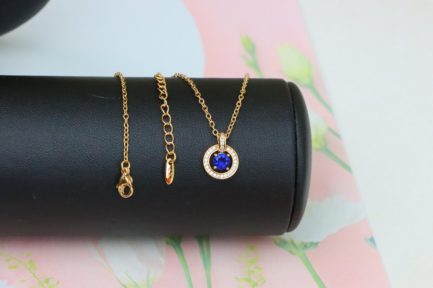 Rose Gold Necklace with Blue Center Stone and Crystal Halo Pendant, XPNL1884 (2159-7)