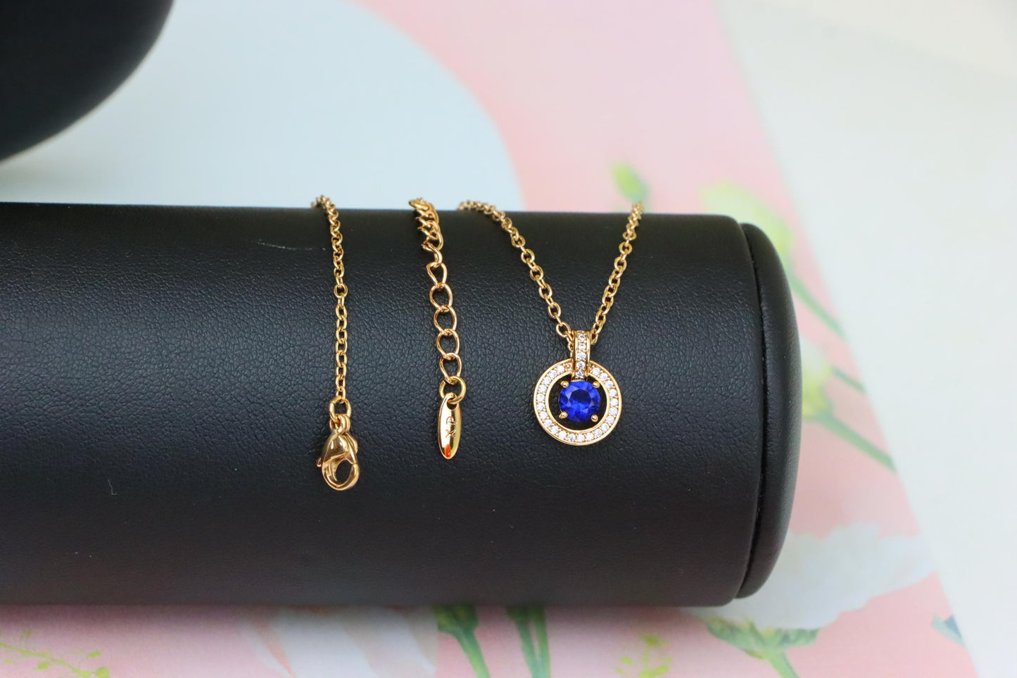 Rose Gold Necklace with Blue Center Stone and Crystal Halo Pendant, XPNL1884 (2159-7)