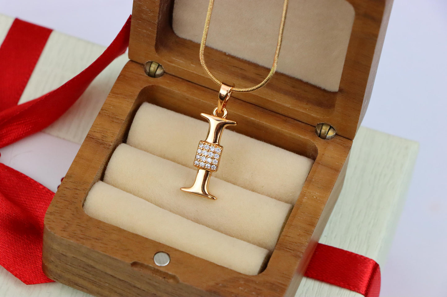 Rose Gold I Alphabet Pendant with Crystal Accent for Women, XPPT1420 (2136-1)