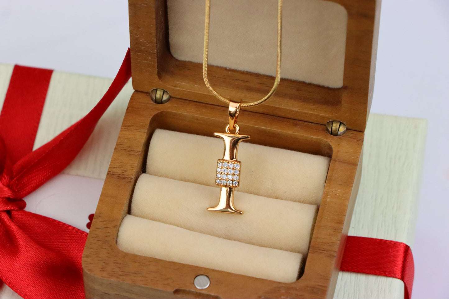 Rose Gold I Alphabet Pendant with Crystal Accent for Women, XPPT1420 (2136-1)