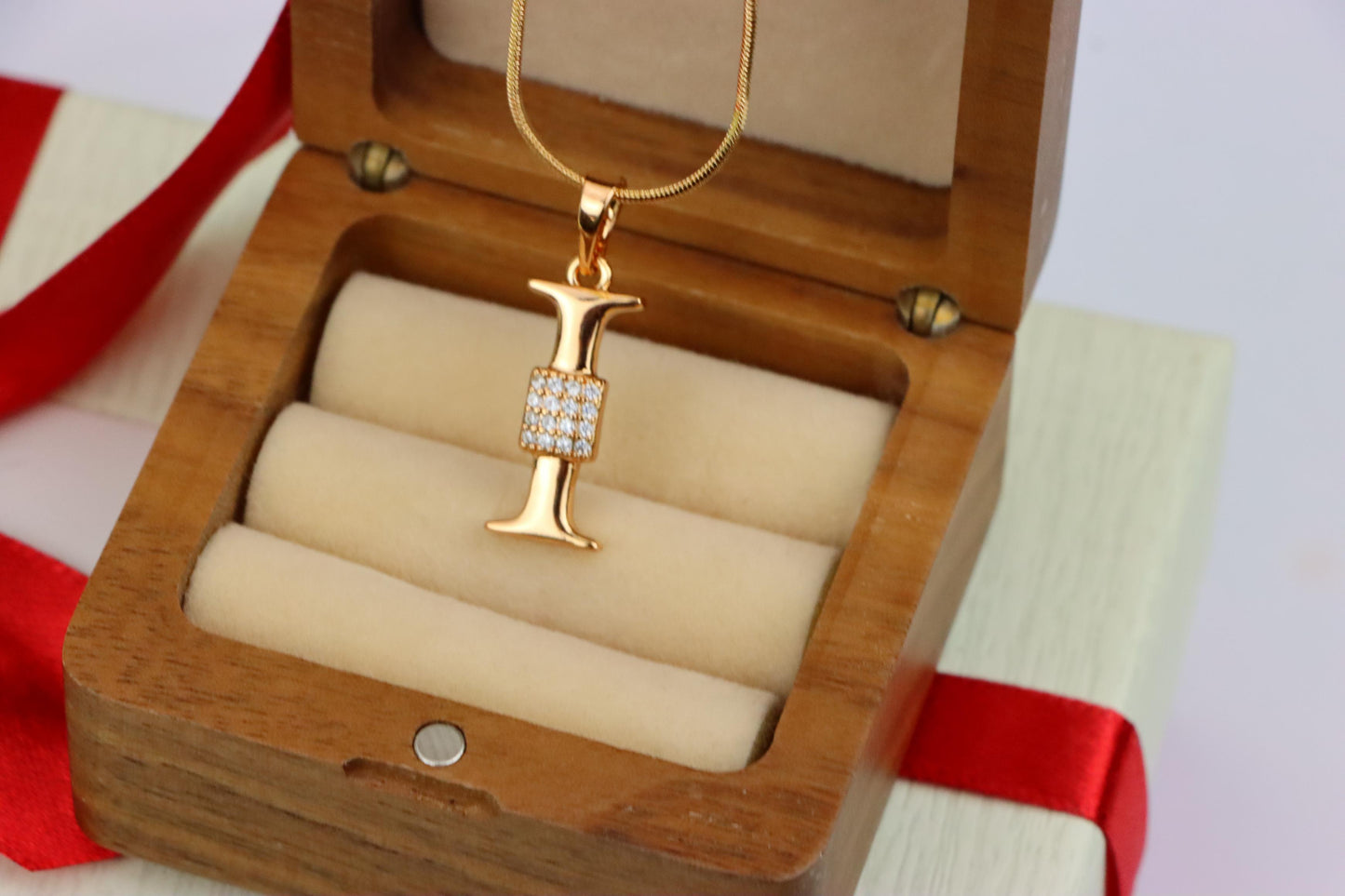 Rose Gold I Alphabet Pendant with Crystal Accent for Women, XPPT1420 (2136-1)