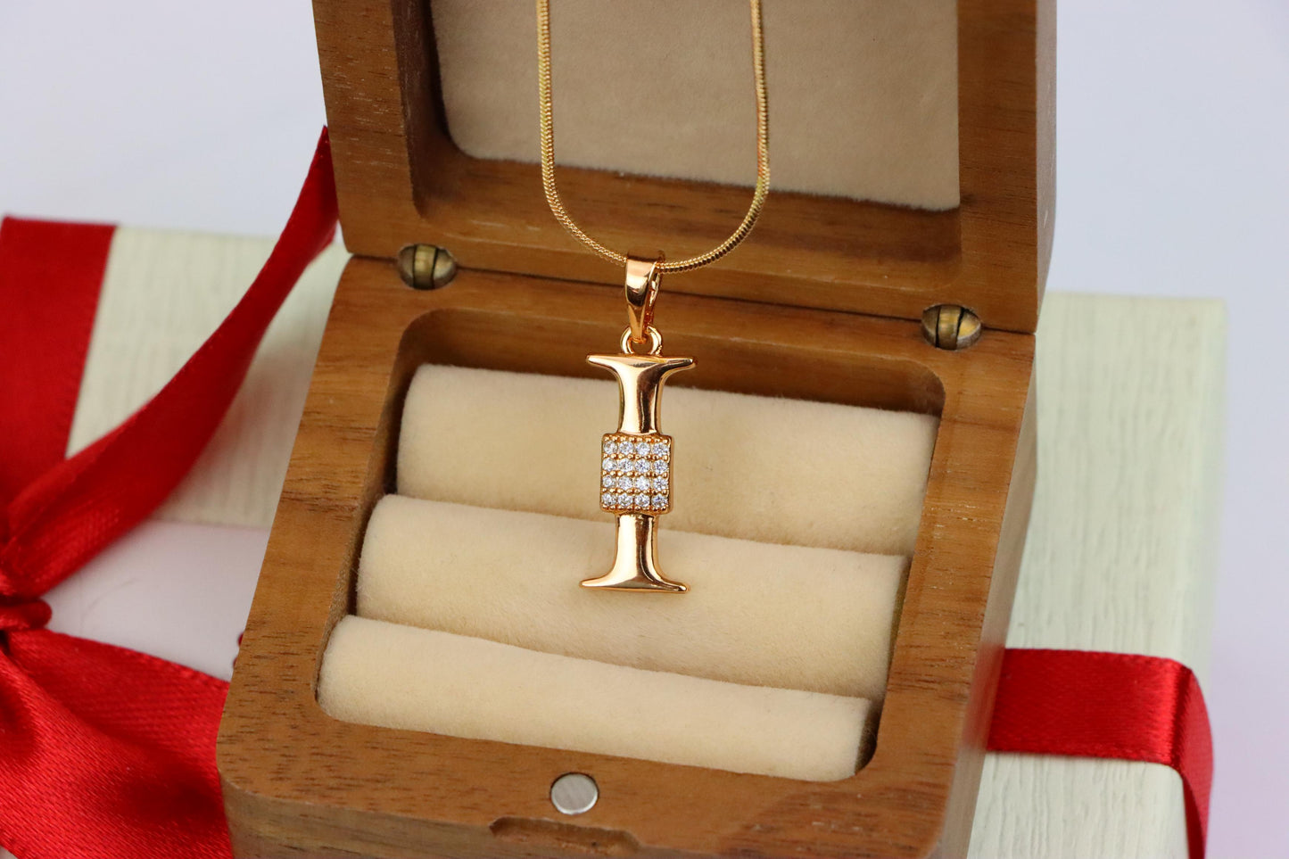 Rose Gold I Alphabet Pendant with Crystal Accent for Women, XPPT1420 (2136-1)