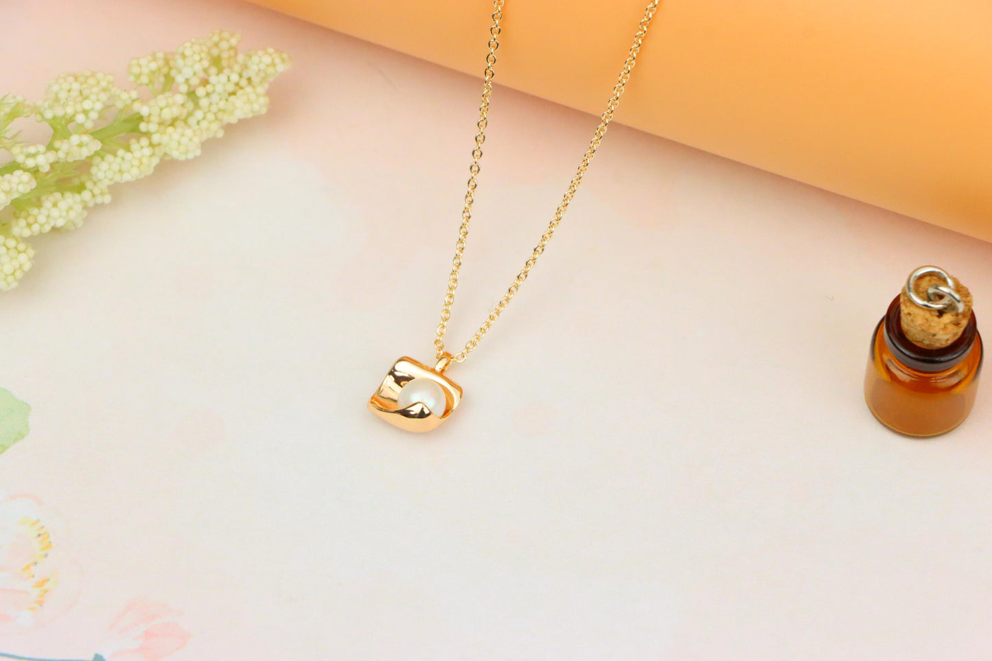 Rose Gold Necklace with Modern Square Pendant and Pearl Accent, XPNL1885 (2159-8)