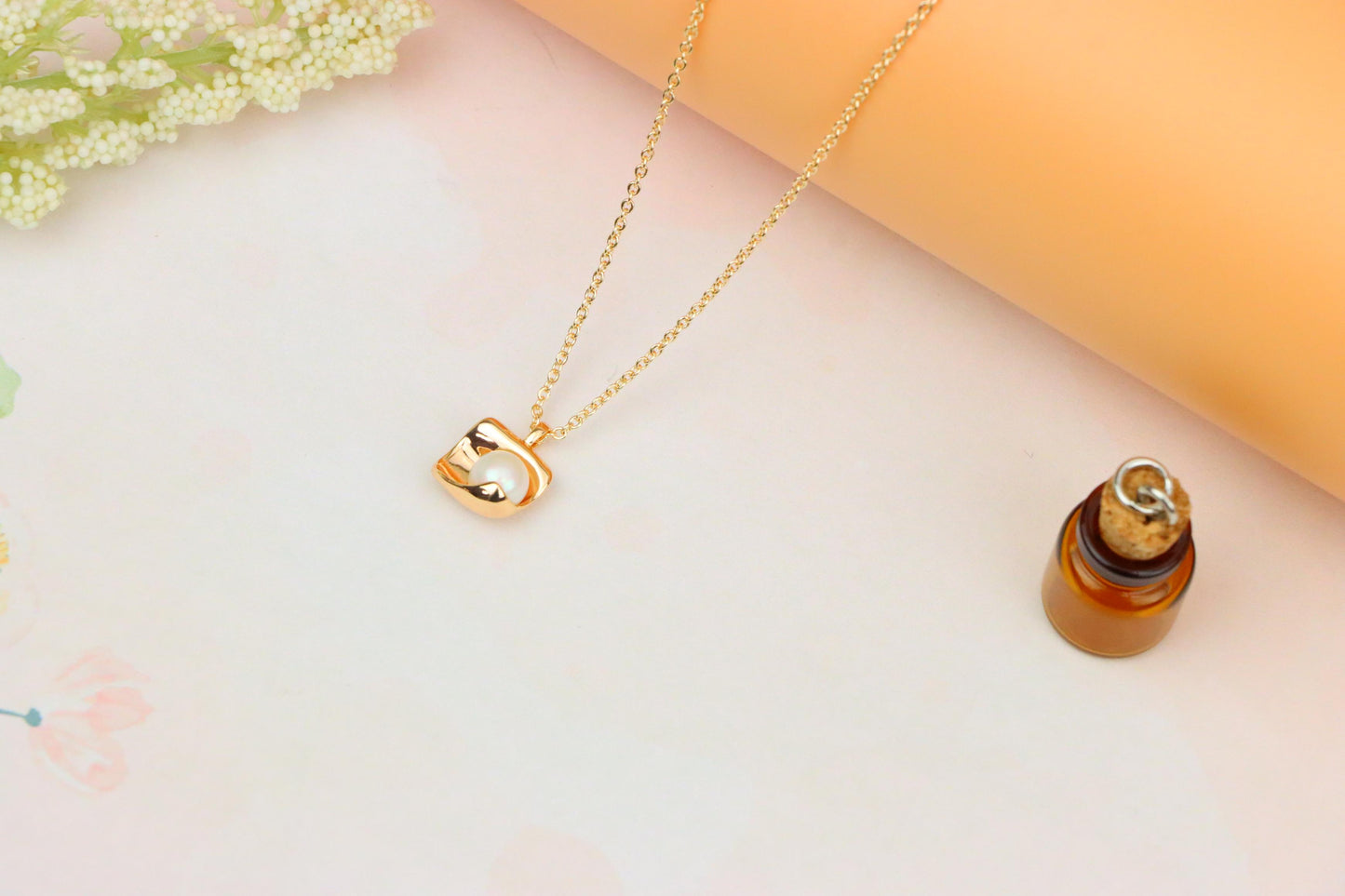 Rose Gold Necklace with Modern Square Pendant and Pearl Accent, XPNL1885 (2159-8)