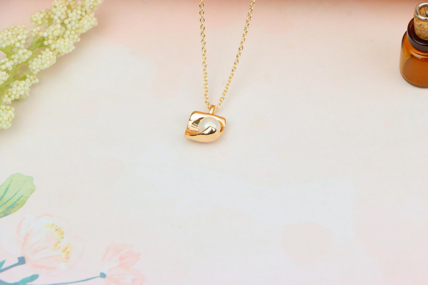 Rose Gold Necklace with Modern Square Pendant and Pearl Accent, XPNL1885 (2159-8)