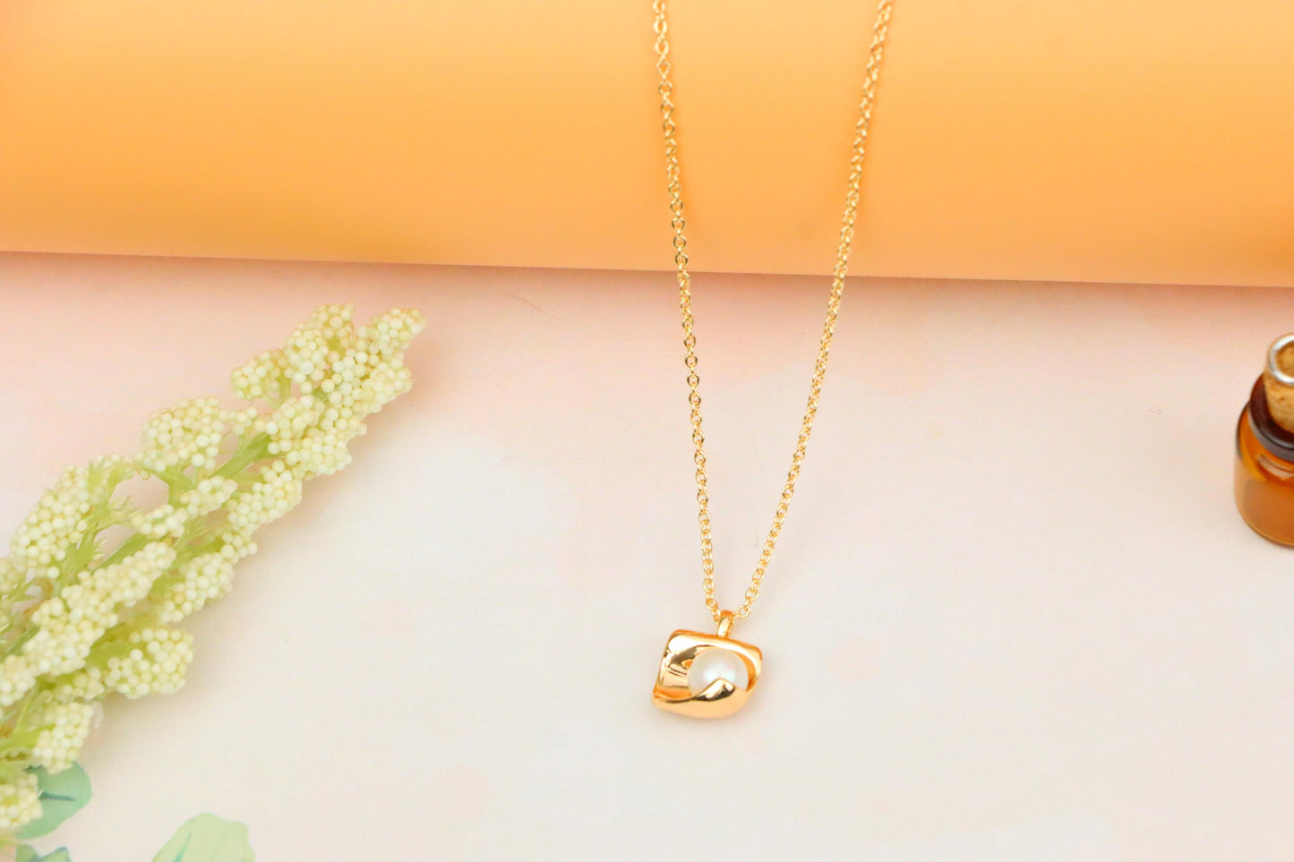 Rose Gold Necklace with Modern Square Pendant and Pearl Accent, XPNL1885 (2159-8)