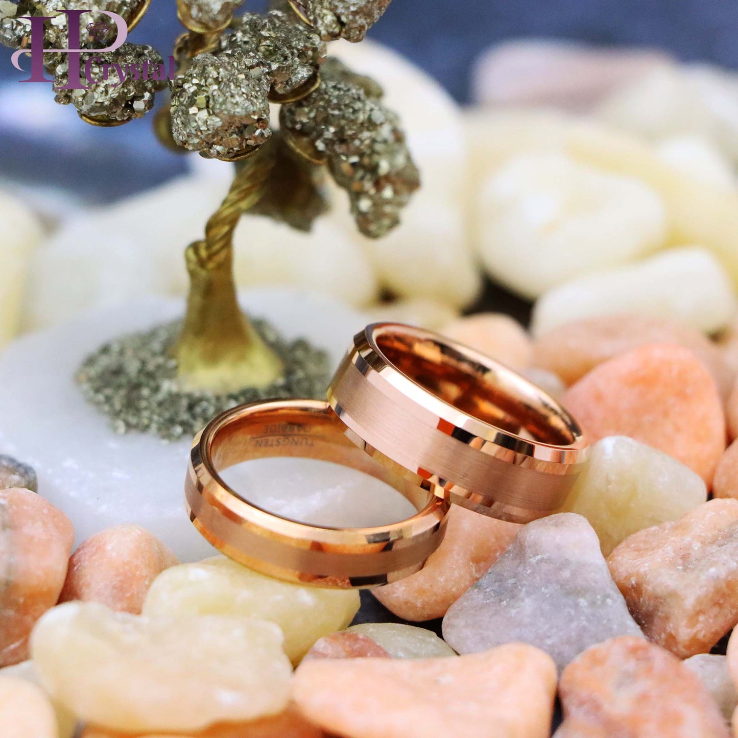 Rose Gold IP Plated Brushed Center High Polish Beveled Edge Tungsten Ring