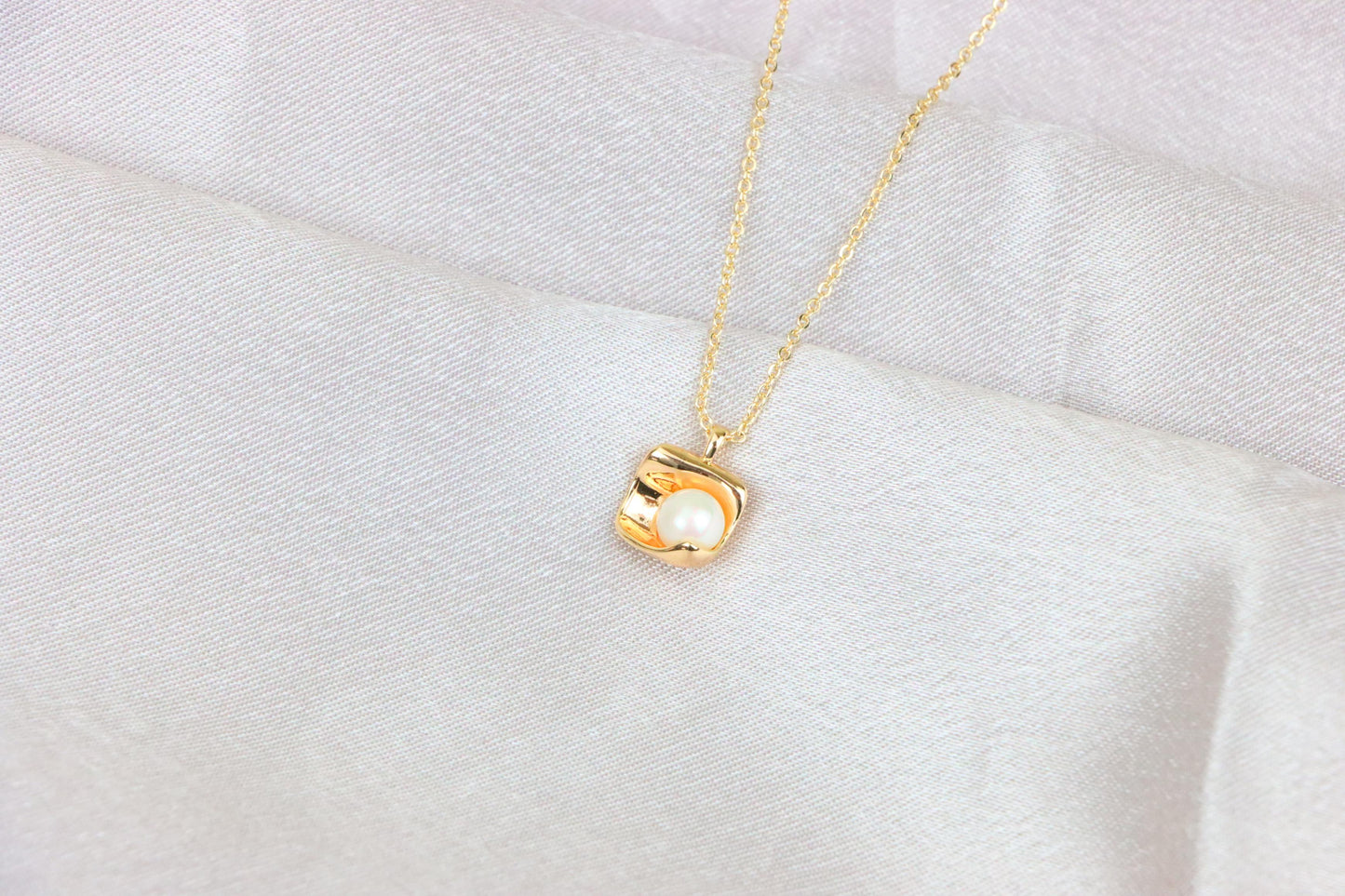 Rose Gold Necklace with Modern Square Pendant and Pearl Accent, XPNL1885 (2159-8)