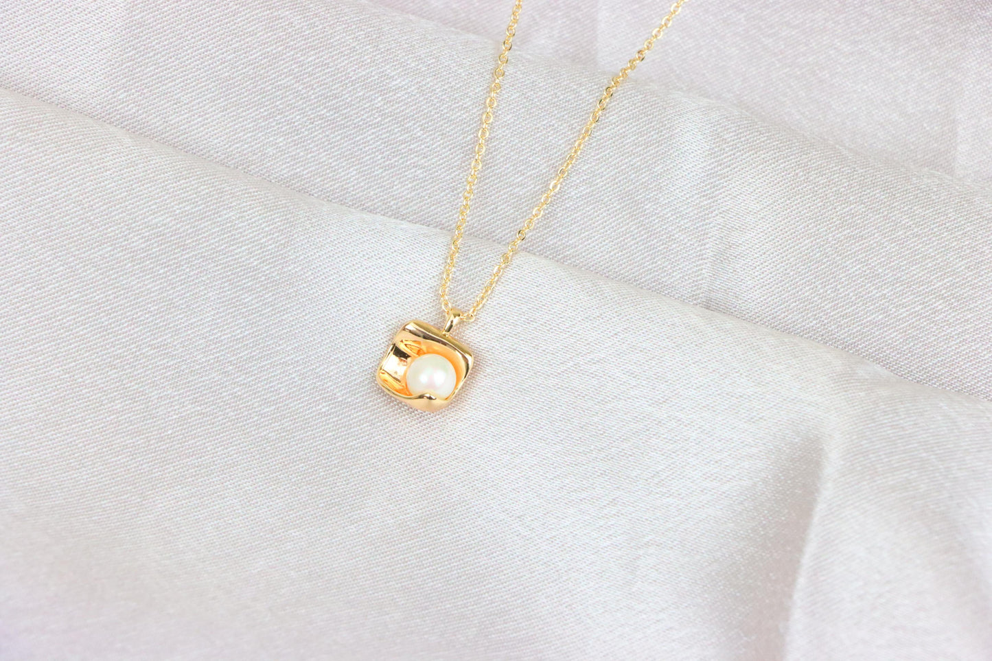 Rose Gold Necklace with Modern Square Pendant and Pearl Accent, XPNL1885 (2159-8)