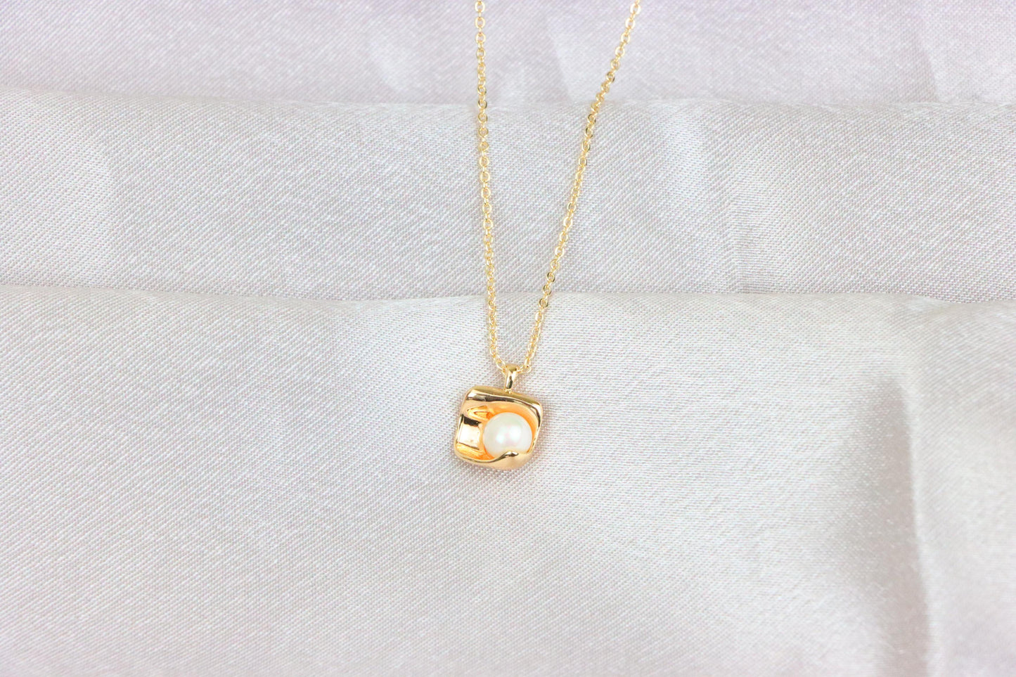 Rose Gold Necklace with Modern Square Pendant and Pearl Accent, XPNL1885 (2159-8)