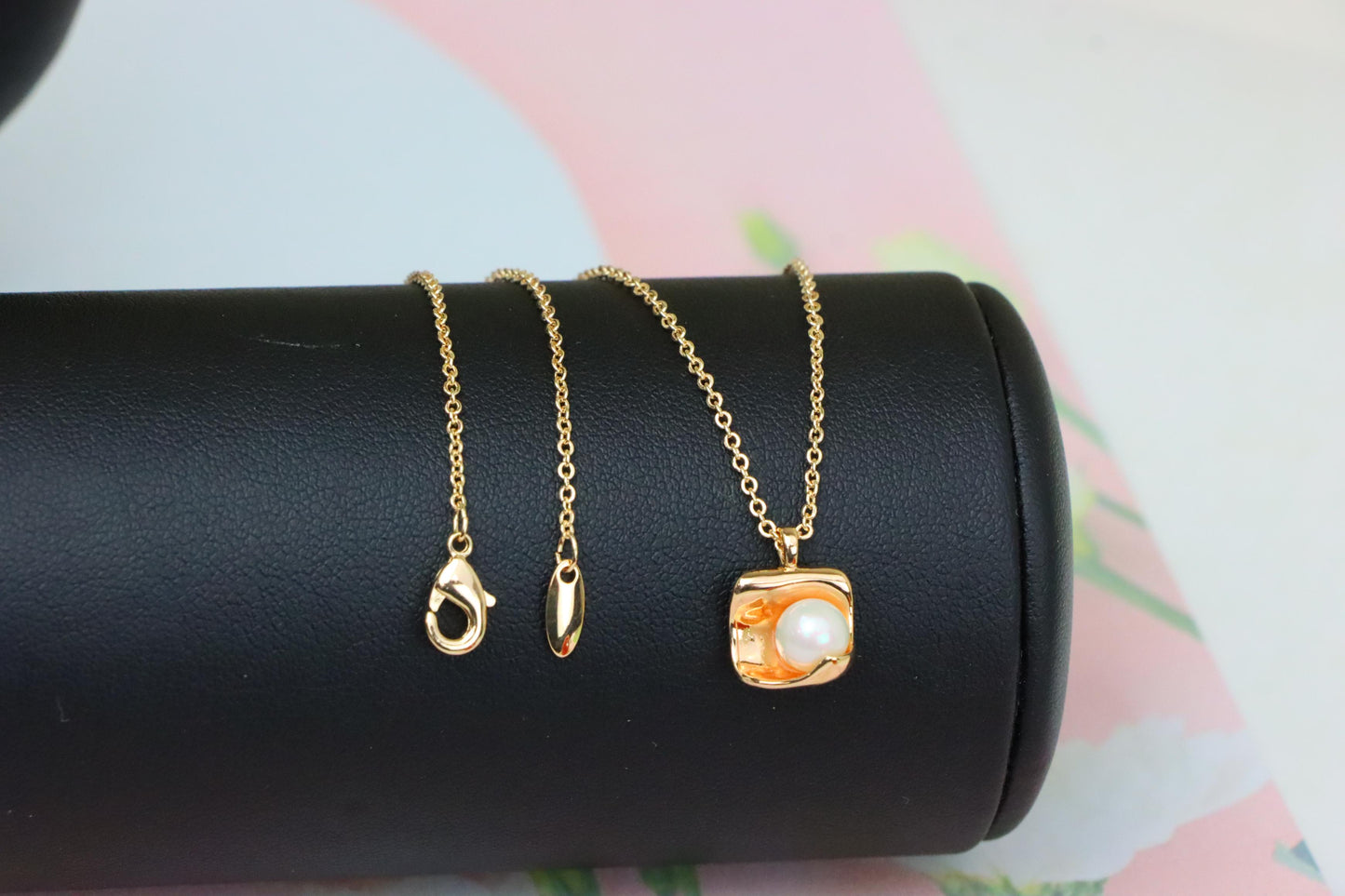Rose Gold Necklace with Modern Square Pendant and Pearl Accent, XPNL1885 (2159-8)