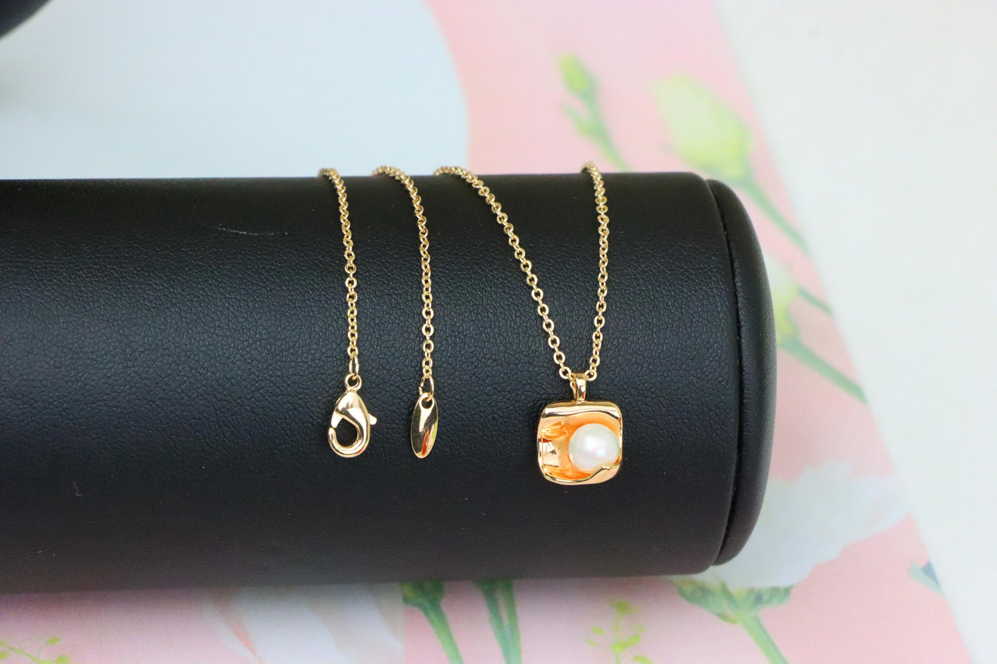 Rose Gold Necklace with Modern Square Pendant and Pearl Accent, XPNL1885 (2159-8)