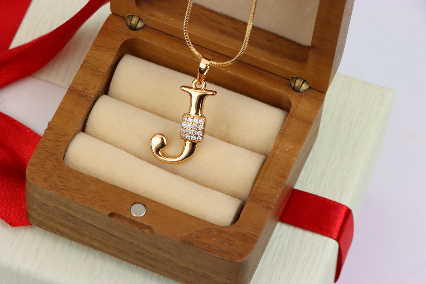 Rose Gold J Initial Pendant with Crystal Detailing for Women, XPPT1421 (2136-1)