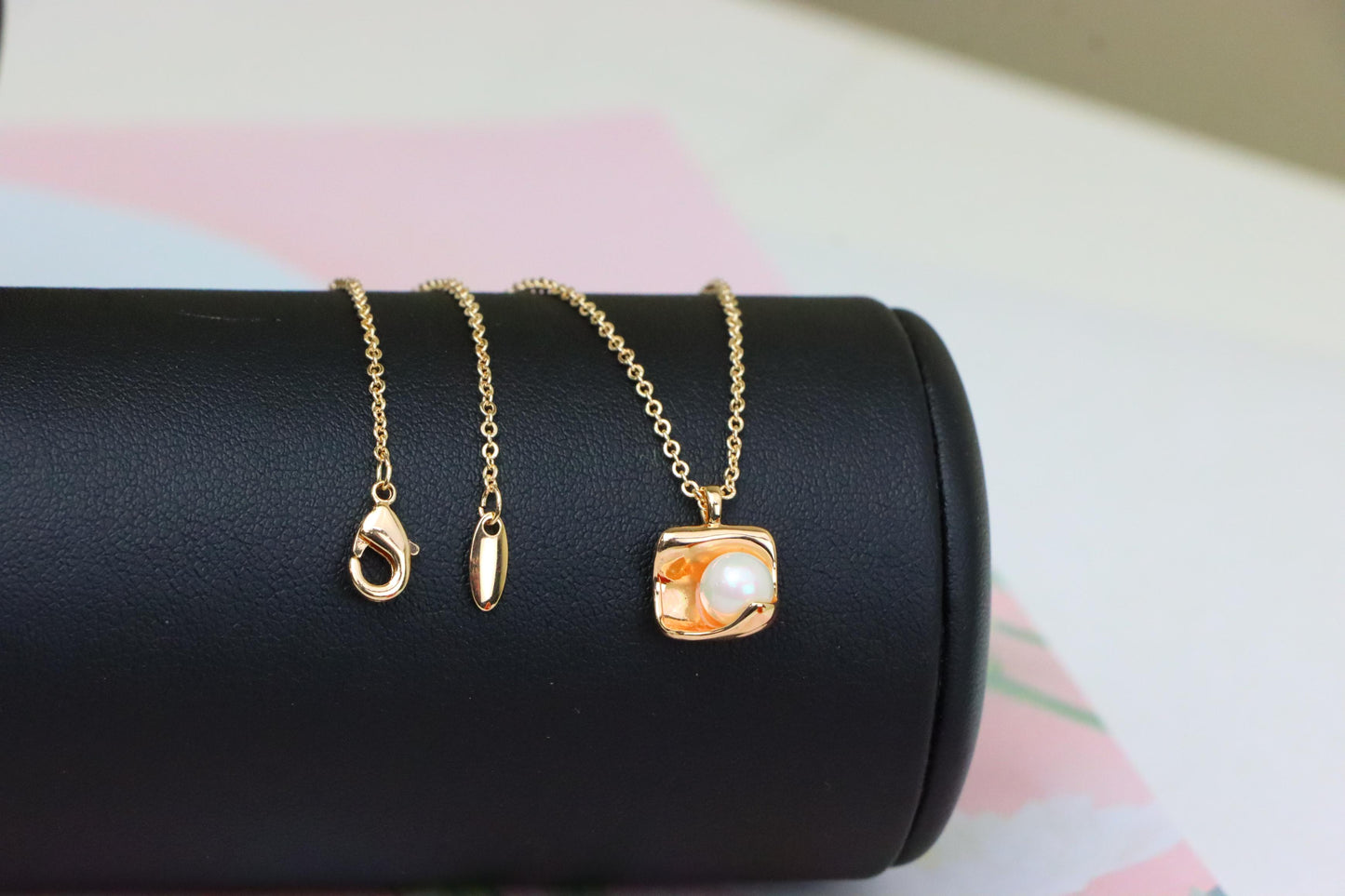 Rose Gold Necklace with Modern Square Pendant and Pearl Accent, XPNL1885 (2159-8)
