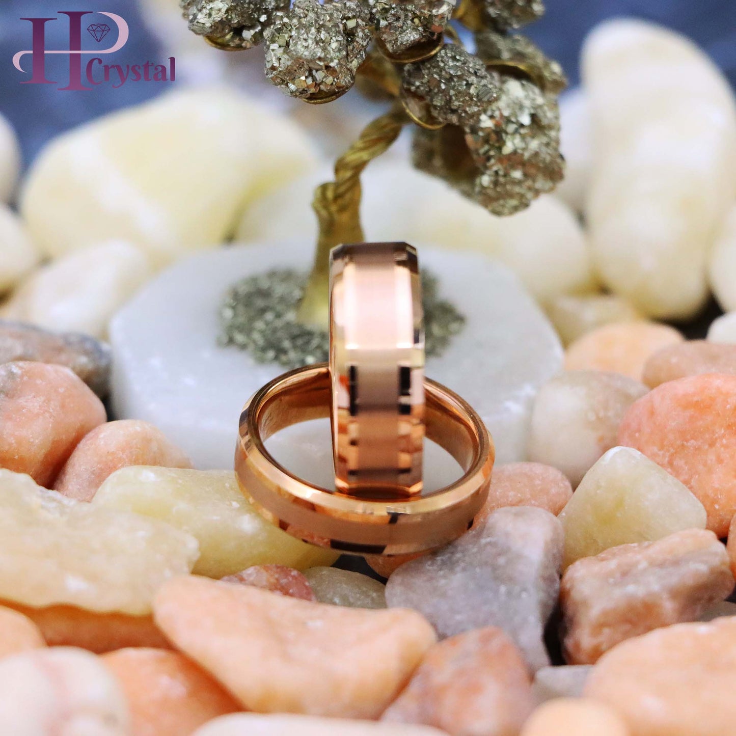 Rose Gold IP Plated Brushed Center High Polish Beveled Edge Tungsten Ring