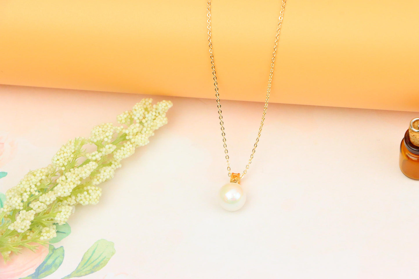 Rose Gold Necklace with Classic Pearl Pendant and Crystal Detail, XPNL1886 (2159-9)