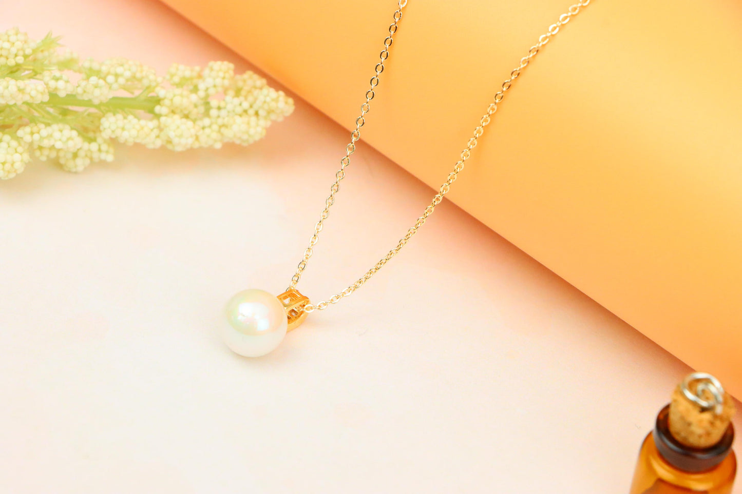 Rose Gold Necklace with Classic Pearl Pendant and Crystal Detail, XPNL1886 (2159-9)
