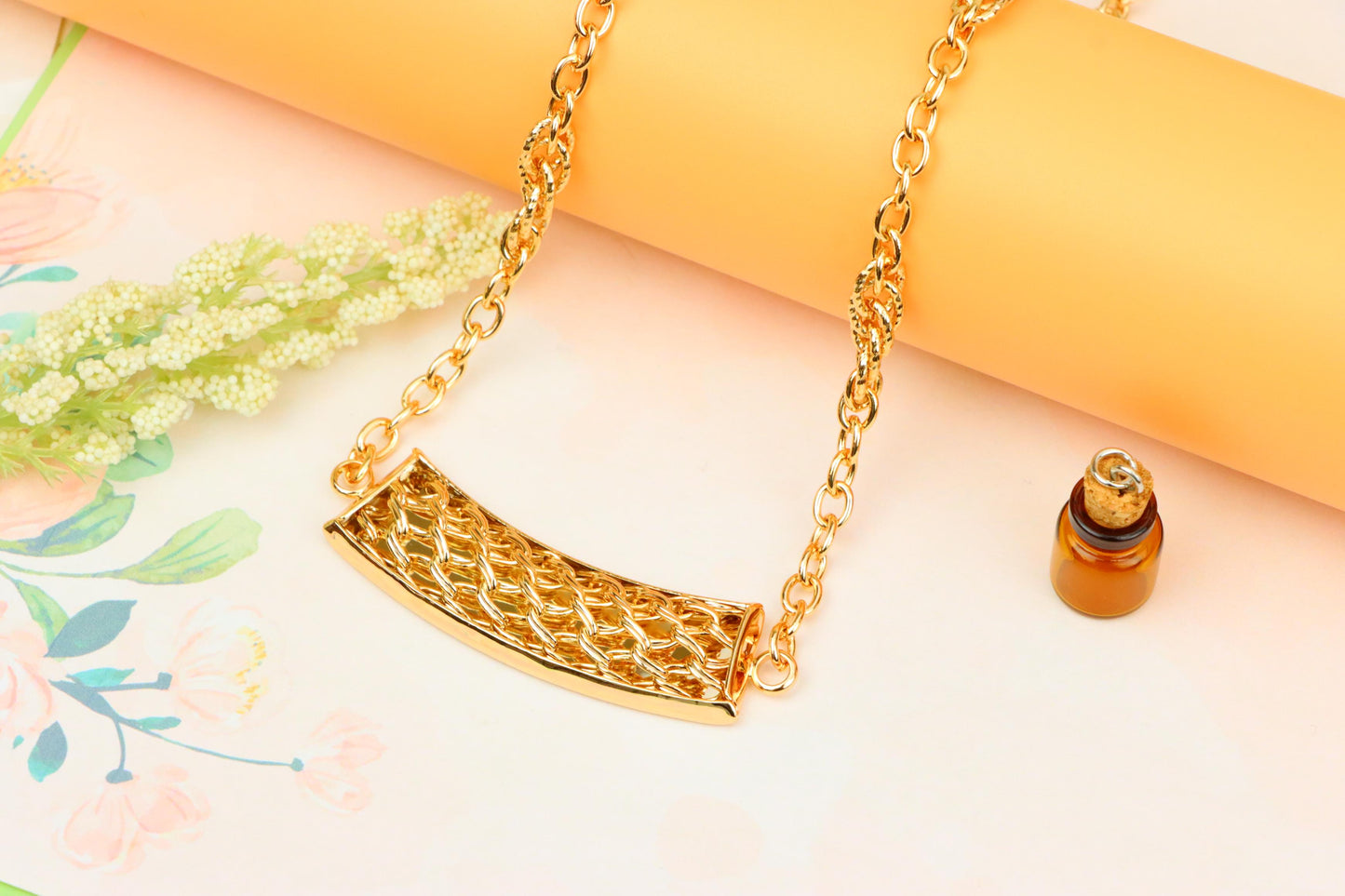 Rose Gold Long Statement Necklace with Textured Curved Pendant, XPNL1887 (2159-10)