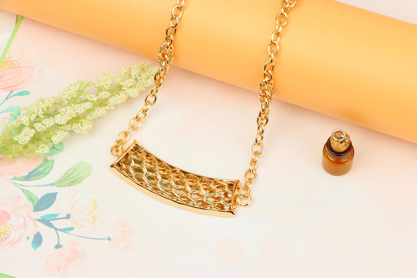 Rose Gold Long Statement Necklace with Textured Curved Pendant, XPNL1887 (2159-10)