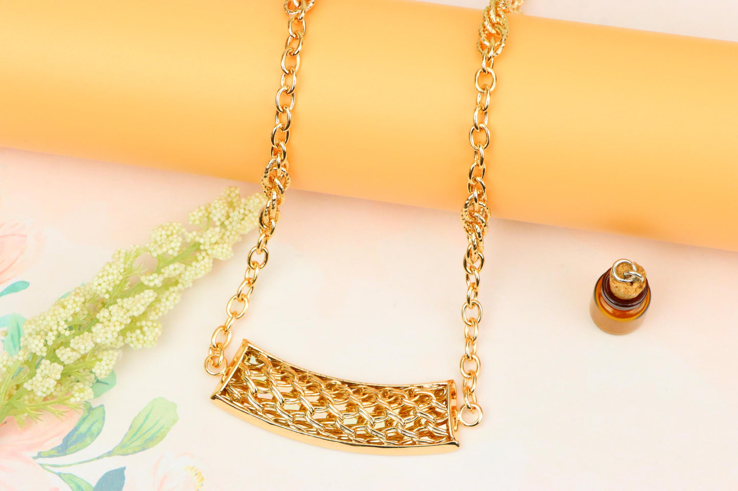 Rose Gold Long Statement Necklace with Textured Curved Pendant, XPNL1887 (2159-10)