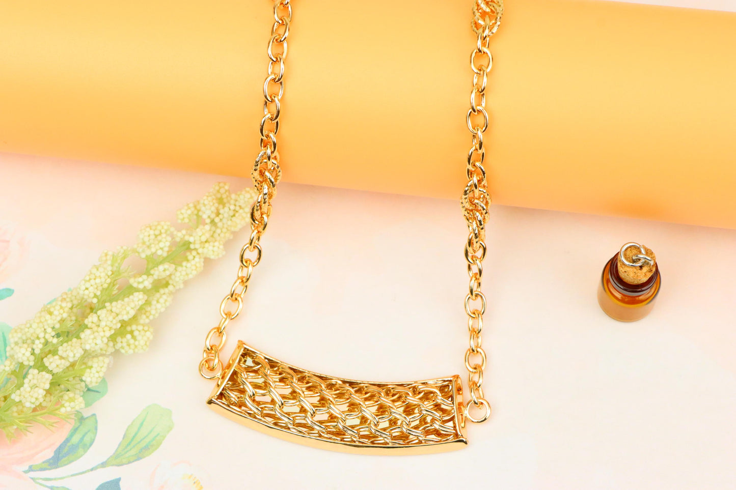 Rose Gold Long Statement Necklace with Textured Curved Pendant, XPNL1887 (2159-10)
