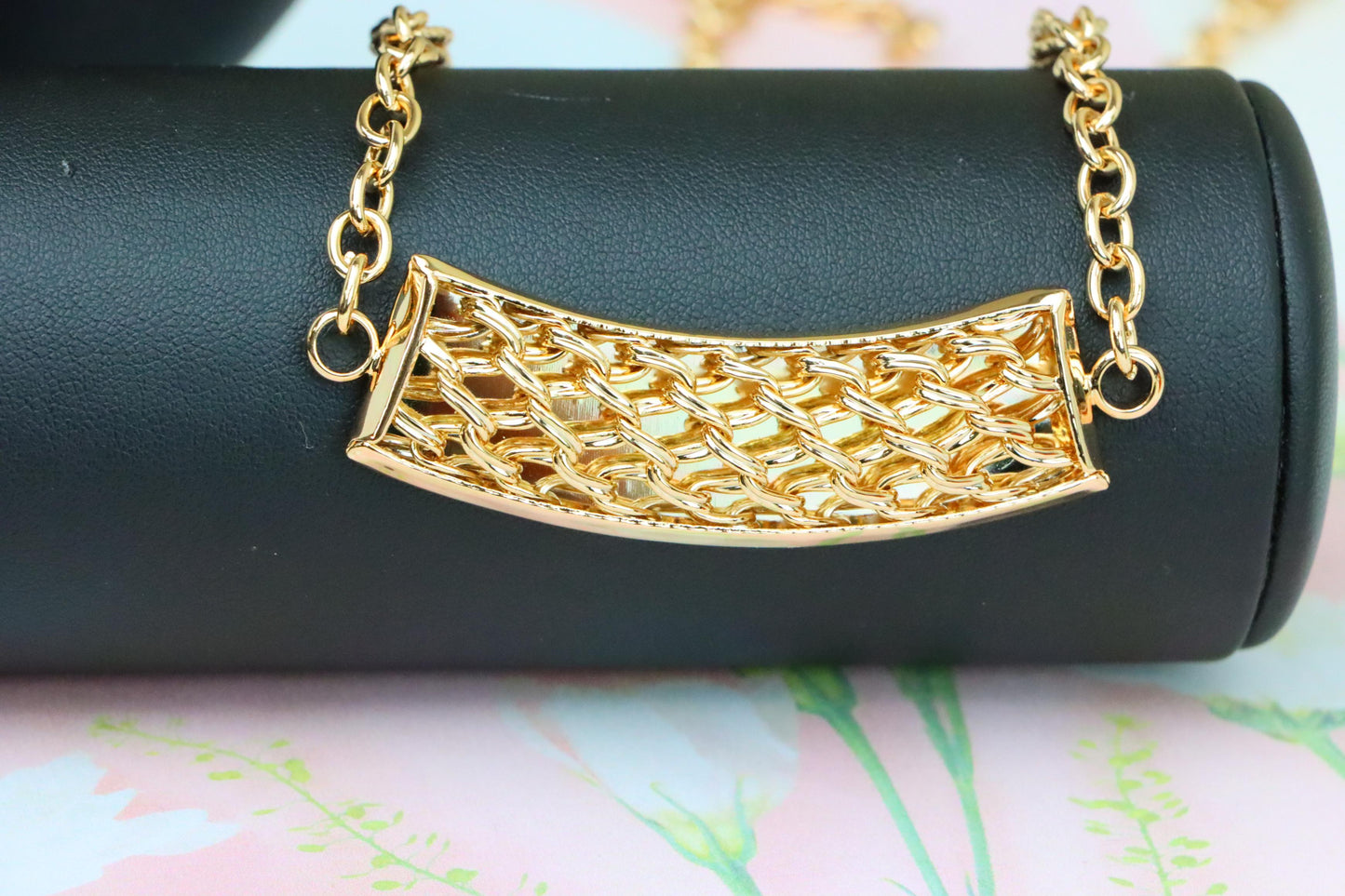 Rose Gold Long Statement Necklace with Textured Curved Pendant, XPNL1887 (2159-10)