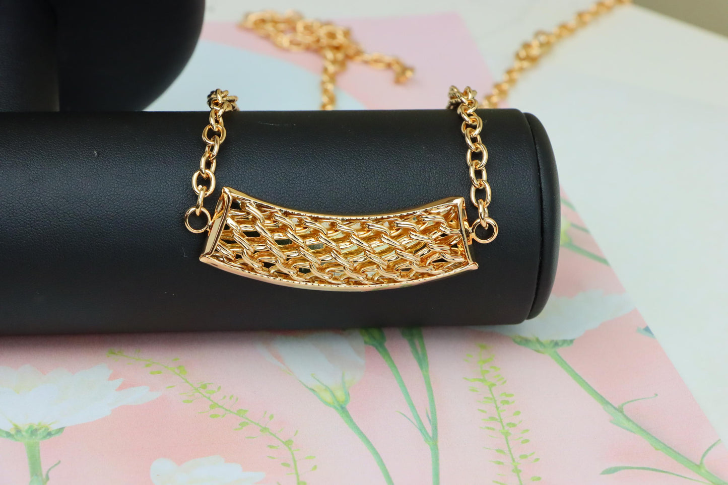 Rose Gold Long Statement Necklace with Textured Curved Pendant, XPNL1887 (2159-10)