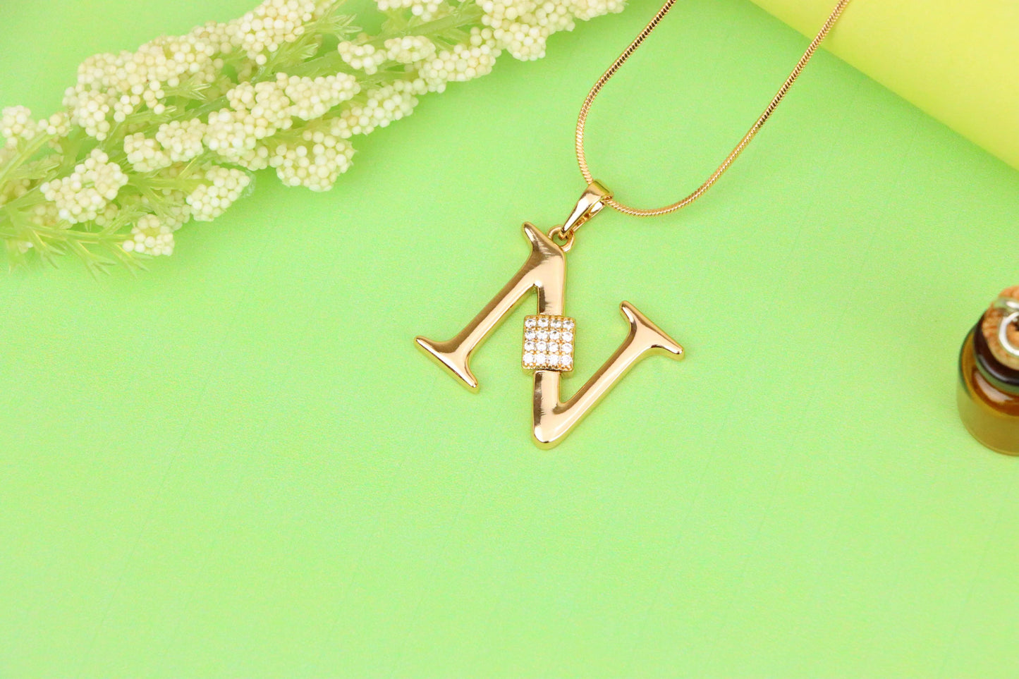 Rose Gold N Initial Pendant with Dazzling CZ Crystals, XPPT1425 (2136-1)