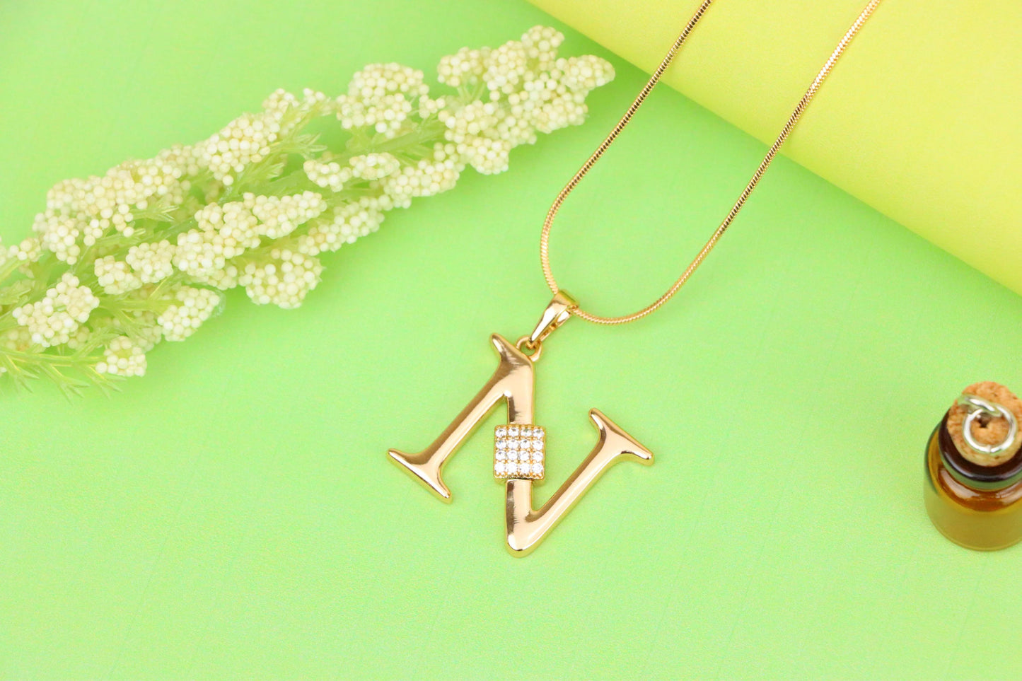 Rose Gold N Initial Pendant with Dazzling CZ Crystals, XPPT1425 (2136-1)